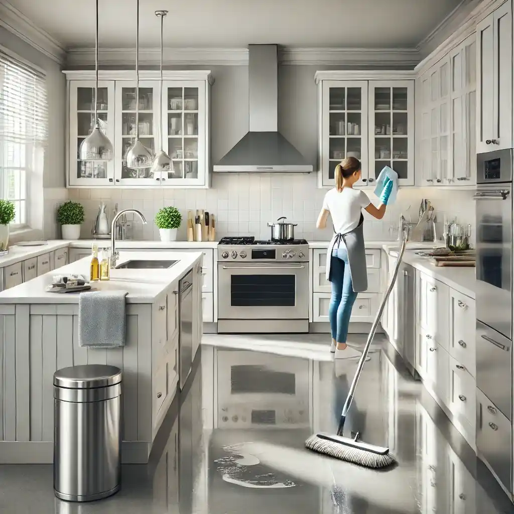 Professional cleaner working in a kitchen