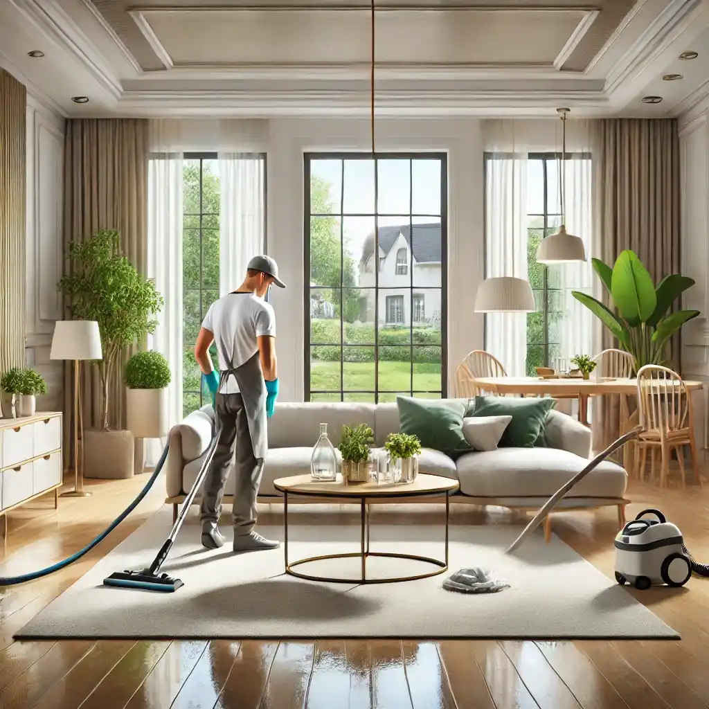 Professional cleaner working in a living room